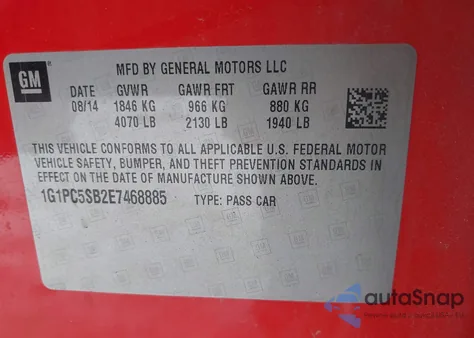 2014 Chevrolet Cruze 1Lt Auto from USA, damaged, VIN 1G1PC5SB2E7468885